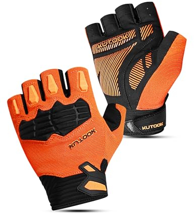 KUTOOK Fahrradhandschuhe MTB Mountainbike Fahrrad Handschuhe Herren Damen Sommer mit 5mm Palm Pad TPR SCR Protect Touch-Screen Atmungsaktiv Elastisch rutschfest Stoßdämpfend Orange L