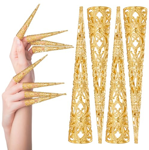 JSRQT Uñas Decorativas de Vampiro Mujeres 10 Piezas Anillos de Garra para Punta de Dedo para Mujeres Reina Antigua Uñas de Vampiro de Halloween Uñas Postizas Metálicas para Cosplay Danza Teatro