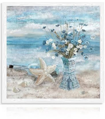 Dazzlewall Badezimmer Blumen Wandbild, Blauer Ozean Wand Kunstdrucke, Vintage Costa Strand Leinwand Bild für Badezimmer Schlafzimmer Dekor 35x35 cm Ungerahmt