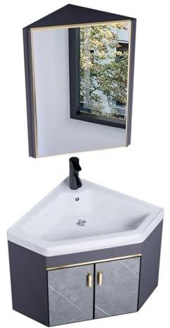 BRCYKRWY Kleines Eckwaschbecken Zur Wandmontage Eckwaschbecken Mit Unterschrank Waschbecken Handwaschbecken Klein Gäste Wc Wandmontage Schrank Mit Spiegel Für Kleine Garderobe,Badezimmer