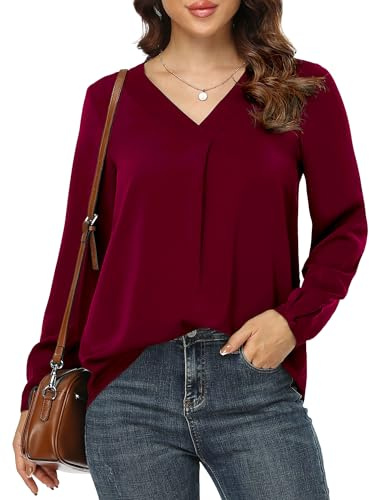 Anelune Women's Elegant Chiffon Blouse - Long Sleeve V Neck Pleated Tunic Top for Autumn Casual Wear Wine Red XL