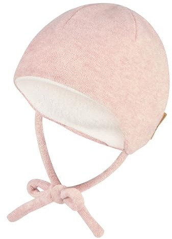 Sterntaler Beanie aus Melange Mischgewebe – Mädchen Babymütze mit angeschnittenen Ohrenklappen und Bindeband – warme Beanie, gefüttert mit Baumwollfleece – Erstlingsmütze – puderrosa Melange, Gr.35