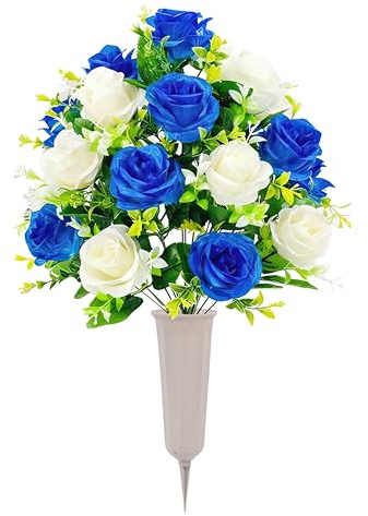 HanYun 58cm Artificial Grave Flower Pot, Blue Rose Silk Funeral Flower Grave Pot Artificial Flowers for Graves Fake Flowers for Decoration Outdoor Events Graveside Home Decoration