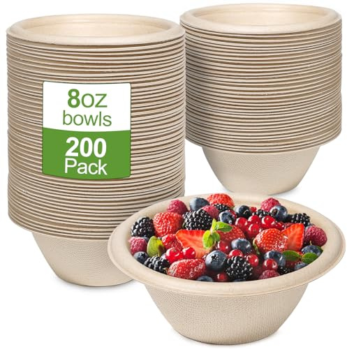 GREENESAGE 200 Stück Pappschalen Einweg Suppenschalen 230ML aus Zuckerrohr Einweggeschirr Schalen Einmal Einwegsuppenschale Bio Suppenschüssel Rund Braun Kompostierbares