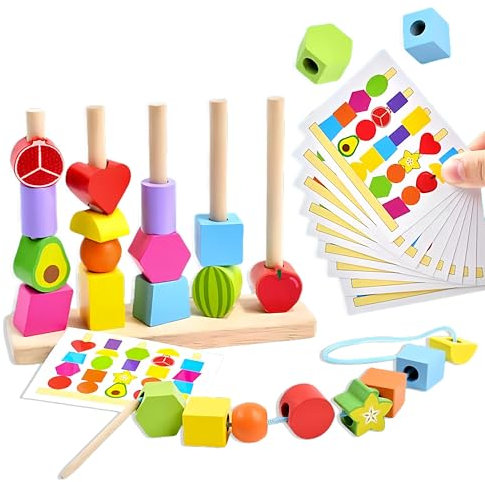 Echehi 2-in-1 Montessori Fädelspiel für Kinder, Förderung der Feinmotorik, Fädelperlen, Formen-Zuordnungsspielzeug, Holzstapelklötze