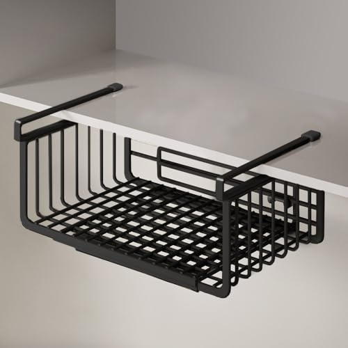 Extendable Under Shelf Storage Basket, Hanging Baskets Under Cabinet Shelf Organizer, for Cabinet Pantry Kitchen Cupboard Desk Counter Bookshelf Space Saver Heavy Duty Slide-in (Black, 1 Pack)