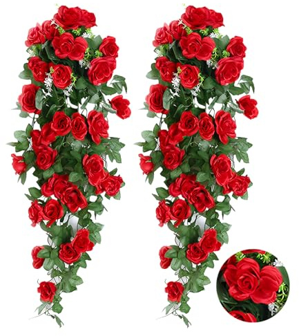 AIMUMEIF 2PCS Flores Colgantes Artificiales Decoracion Guirnalda de Flores Artificiales Plantas de Flore Guirnalda Colgante 90cm para Decoración Jardín Boda Balcón Exterior Interior (Rojo)