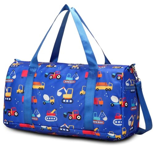 Suweir Sporttasche Kinder Reisetasche Jungen Mädchen mit Nassfach Schwimmtasche Weekender Duffle Bag Outdoor Fussballtasche Badetasche für Reisen, Fitness, Sport, Schule (Blau Bagger)