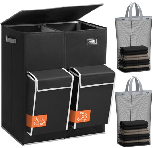 SOLEDI 180L Wäschekorb mit Deckel, Wäschesammler 2 Fächer mit 2 Seitentaschen, Laundr Baskets mit 2 Wäschesack, Wäschesortierer Groß XXXL für Badezimmer, Schlafzimmer, Waschküche
