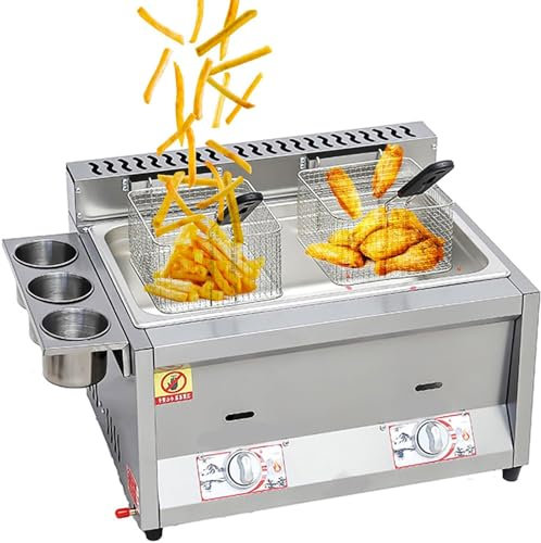 Gas Deep Fryer, Professional Stainless Steel, Double Basket & Lid, Adjustable Temperature Control, Ideal for Fries & Chicken, Commercial Use