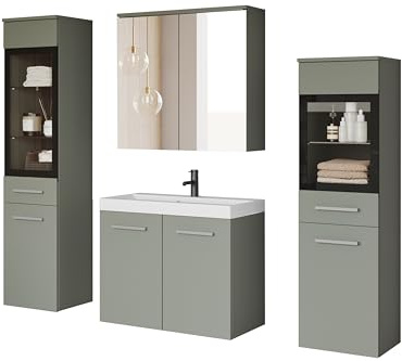 PIASKI Udine Badezimmermöbel-Set, Waschbecken, Spiegel, Glasschrank, Siphon und Waschbecken im Lieferumfang enthalten (Nebelgrün)