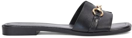 ESSEX GLAM Women's Flat Sandals Ladies Square Open Toe Buckle Details Black Faux Leather Summer Mule Slider Size 6