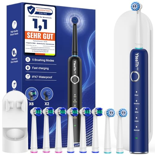 Cepillos de dientes eléctricos giratorios para adultos y niños con 8 cabezales, cepillo eléctrico con base de carga de pared, 5 modos de limpieza y estuche de viaje, 60 días de duración de la batería