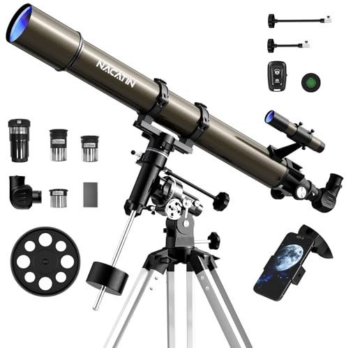 NACATIN 1000mm Focal Length Telescope with Equatorial Mount for Adults, 90mm Aperture Astronomical Refractor with Slow-Motion Controls, Phone Adapter & Moon Filter