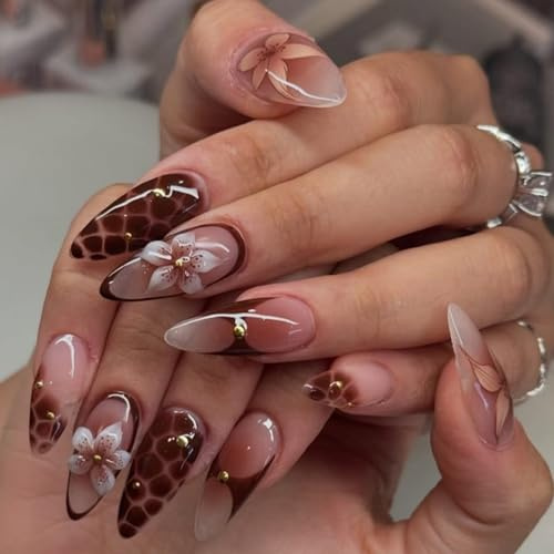3D Floral Press-On Nails, Medium Almond, Brown and Nude Pink, 24-Piece | Full-cover sizes, glossy French tips, raised flowers, line patterns and gold-tone accents, for home, weddings or parties