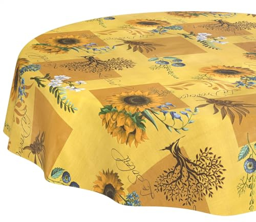 Wachstuchtischdecke Tischdecke abwaschbar Wachstischdecke pflegeleicht wasserabweisend Lotuseffekt Gartentischdecke Sonnenblume Rund 120 cm Schnittkante