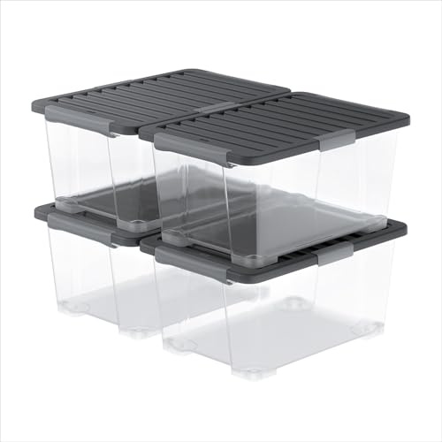 Rotho Core Pro 4er-Set Aufbewahrungsbox mit Deckel 44 L stapelbar Anthrazit | Aufbewahrungsboxen, luftdicht verschließbar durch Dichtung, transparent, mit QR-Code-Stickern für klare Beschriftung