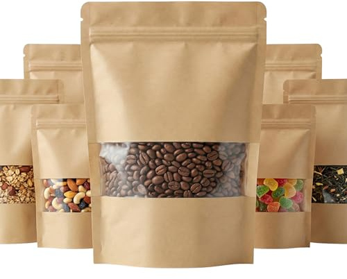 50 Bolsas Papel Kraft con Ventana y Cierre Hermético Zip - 22x16 cm (650ml). Doypack Reutilizable para Alimentos, Té y Café. Grandes