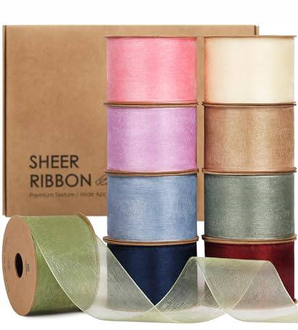 Vitalizart 3,8 cm x 41,1 m Organzaband 9 Rollen x 4,57 m Gemischte Helle Farben, Stoffband für Geschenkverpackungen, Bastelarbeiten, Hochzeitseinladungen, Weihnachtskranzschleifen, Blumensträuße