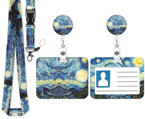 ZILZUFA Ausweishülle mit Band Sternenhimmel, Kartenhalter mit Ausziehbarer JoJo Badge Reel und Lanyard für Krankenschwester, Lehrer, Studenten, ID Kartenhalter Set mit Schlüsselband, Horizontal
