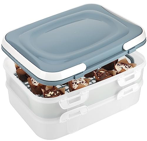 com-four® Contenitore per feste con 2 livelli ciascuno e inserto di sollevamento - contenitore per il trasporto di torte - contenitore per la freschezza degli alimenti (1 pezzo blu-grigio pastello)