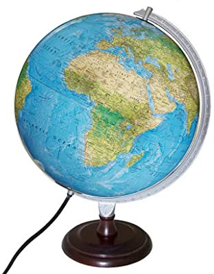 Toledo Illuminated 12 Diameter Globe, USA Cartography with Cherry Finsihed Hardwood Base and Blue Ocean Globe Ball. A sleek hardwood base and riser offer a unique cherry finish to this Replogle Toledo globe. When illuminated, this globe contains a vegetational map on the outside and political map on the inside.