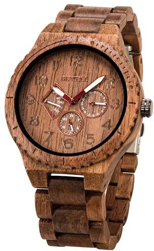 BEWELL Mens Wood Watch Quartz Analog Date Display Luminous Retro Handmade Wooden Wristwatch for Men (Walnut)