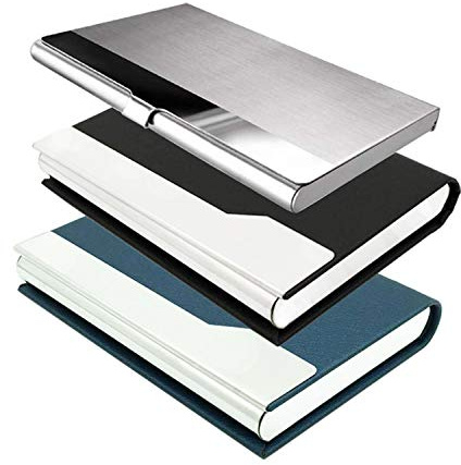 CKANDAY 3 Pack Professional Visitenkartenetui, 1 STK. Edelstahl & 2 STK. PU Leder Silking Schützende Tasche mit Magnetverschluss und Metall für Namenskreditausweis Männer Frauen - Schwarz Blau Silber