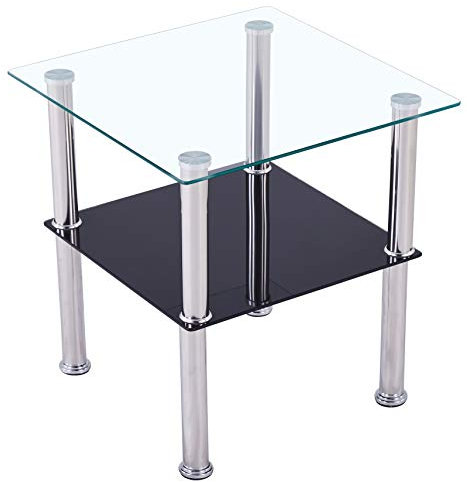 Euro Tische Beistelltisch aus Glas mit Ablage Schwarz Quadratisch - 2-Ebenen-Design, Sicherheitsglas & Edelstahlbeine - abgerundet oder eckig - Glasplatte 6mm - Schwarz Satiniert - Glas Couchtisch