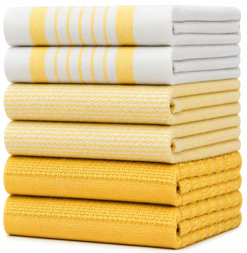 Bumble Küchenhandtücher - Geschirrhandtücher Handtücher Baumwolle – 6er Pack – XL Größe 50 x 70 cm – Edle, Weiche und Robuste Ringspinnbaumwolle in 3 Verschiedenen Texturen (Gelb)