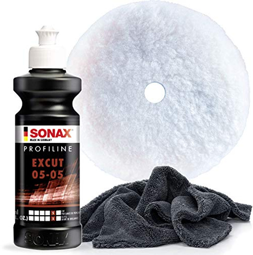 detailmate Sonax Polituren Set (Basic 2-250ml) - SONAX PROFILINE EX Cut 05/05 250ml + SONAX Hybrid Woll Pad 143 Da + Edgeless Superflausch 40x40cm 550GSM