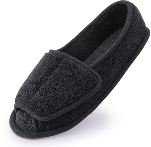 Git-up Donna Morbide Comode Pantofole Casa Calde Leggere e Antiscivolo Ciabatta con Soletta Memory Foam Regolabili diabetiche artrite Edema Piedi Punta Aperta Piatte Indoor/Outdoor Slippers, Nero 8.