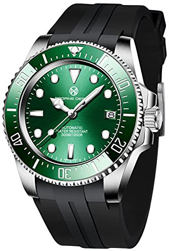 PAGRNE DESIGN Herrenuhr, NH35 automatische mechanische Uhr, 300M wasserdichte professionelle Taucheruhr, Saphirglas, Analoguhr, Komfortables Herrenarmband, Keramikuhrring ((Silver Green)