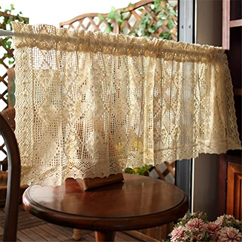 ACMHNC Scheibengardine Landhausstil Vintage Bistrogardine Handgemacht Häkeln Stricken Kurz Vorhang Boho Baumwolle Leinen Küche Restaurant Waschküche Gardine, 1 Stück,Beige,W x H 230 x 90 cm