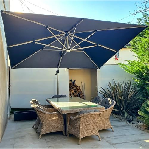PURPLE LEAF Sonnenschirm 330 × 330 cm mit LED Solar, mit Kurbel, Grau | 8 LED-Schirmstreben für lange Abende, Aluguss-Griff, Einfaches Öffnen, 6-fach Verstellbar, 360° Flexibilität, Ampelschirm