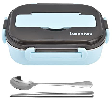 Fiambrera, 1000 Ml 304 Acero Inoxidable Sello de Seguridad Portátil de Dos Rejillas con Buen Rendimiento para Trabajadores de Oficina, Niños, Estudiantes de Escuela(Azul [Enviar palillos y cuchara])