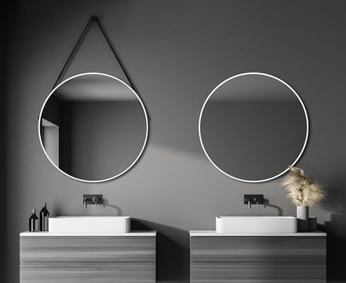 Talos White Style Spiegel rund Ø 80 cm – Runder Wandspiegel in matt weiß – Badspiegel mit Aluminiumrahmen – Trendiger Badezimmerspiegel mit Aufhängeband – Modernes Design für Badezimmer und Wohnung