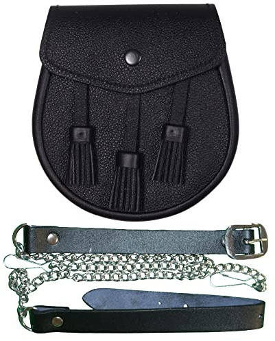 Kilt Sporrans - Escurridor de piel con cinturón de cadena, color negro