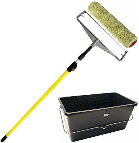 15 Roller Paint Sleeves & Metal Double Arm Frame Set - Includes Extension Pole & Scuttle Bucket - Professional Masonry & Ceiling Painting Kit - Heavy Duty Site Work Decorating Tools
