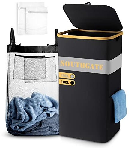 SOUTHGATE 100L Wäschekorb mit Deckel Schwarz, Verbesserte Stabil Wäschesammler Schmal, wäschekörbe faltbar mit herausnehmbaren Wäschesack, Laundry Baskets Wäschesortierer Wäschebox Wäschetruhe