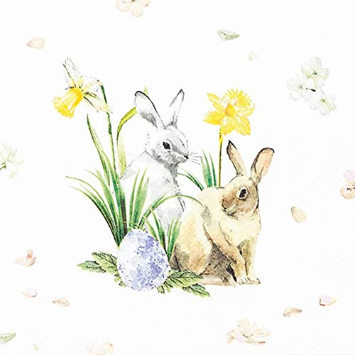 20 kleine Cocktail-Servietten Kleine Hasen an Frühlingsblumen | Frühling | Ostern | Tischdeko | Decoupage | Serviettentechnik 25x25cm