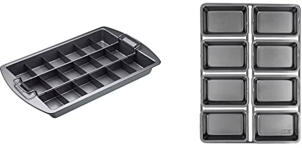 Chicago Metallic CMET26740 Professional Non-Stick Brownie Tin with Dividers and Loose Base & Kitchencraft Non-Stick Professional Mini Cake pan, 8 Cups, (9 x 3 cm), Gray Color