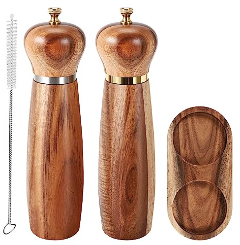 Povxlum 2 Set Wooden Salt and Pepper Mill Set Hand Salt and Pepper Grinder Set with Adjustable Ceramic Adjustable Coarseness Pepper Shakers for Cooking, Baking