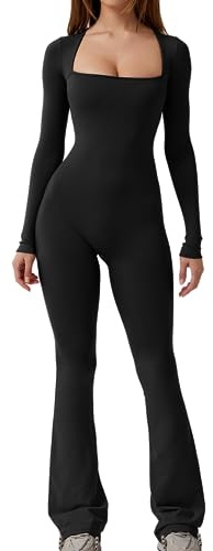 QINSEN Long Sleeve Jumpsuits for Women Square Neck Wide Leg Full Length Romper Playsuit Black M