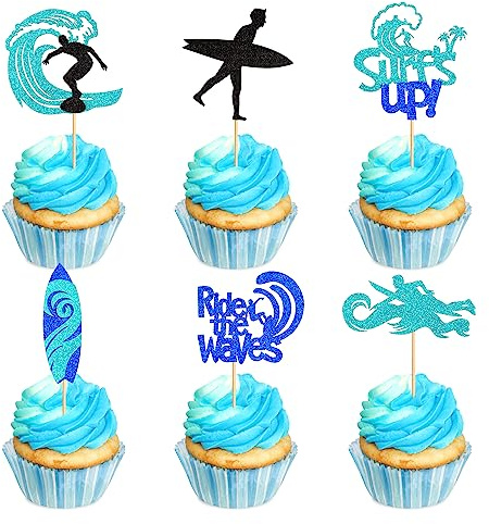 Blumomon Lot de 24 décorations de gâteau d'anniversaire - Paillettes bleues - Pour l'été - Pour piscine, natation, surf, vacances, plage, piscine, fête