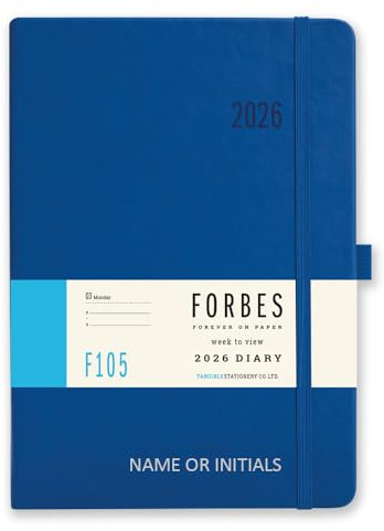 Forbes 2025 dagbok från Tangible Stationeryy Co. Ltd | A5 storlek | vecka att visa med avtalade tider | 80 gsm elfenbenspapper | Elastisk stängning | Dokumentförvaringsficka | Personlig version - Blå