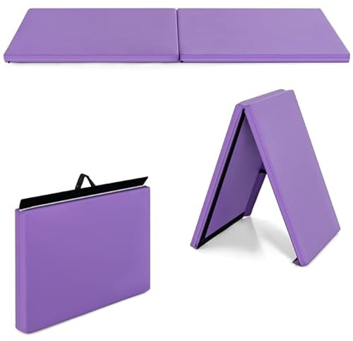 GOPLUS Tapis de Gymnastique Pliable, 5cm dÉpaisseur, 2 Plis & Poignée Transport, Matelas Gymnastique en Cuir PU avec Fermeture Auto-agrippante Magique,180 x 60 x 5cm, Violet