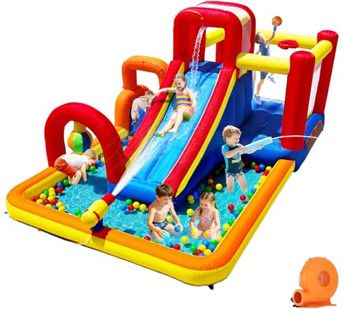 Hongcoral Inflatable Water Slide Bounce House Obstacle Course with Large Splash Pool, Climbing Wall, Boxing Ball, Small Climb&Slide – Backyard & Indoor Bouncy Castle for Kids 3-10