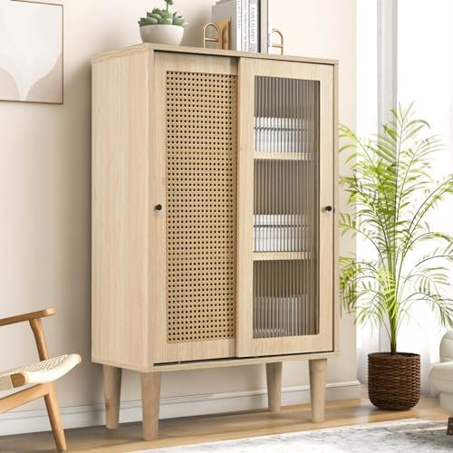 Sweiko Sideboard,Rattan Kommode mit Kunststoff-Rattantüren und Schiebetüren aus Glas,Highboard Küchenschrank mit 6 Fächern Hinter den Türen,Mehrzweckschrank für Esszimmer und Wohnzimmer(60*40*100cm)