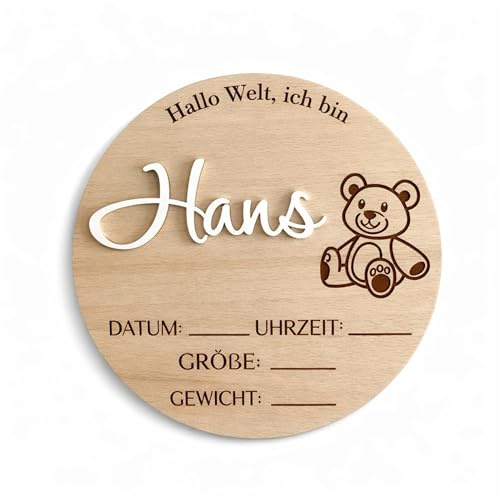 Personalisierte Hallo Welt Holzschild mit Name und Teddybär graviert, Meilensteinkarte aus Holz, Geschenke mit Lasergravur, Geburt verkünden, Geburtsanzeige Baby-Ankündigung Schild (Design 4)